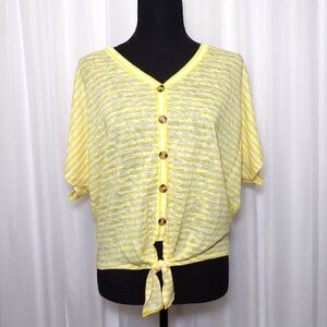 a.n.a Summer Yellow White Striped Top Women MEDIUM Sheer Tie Front V-neck